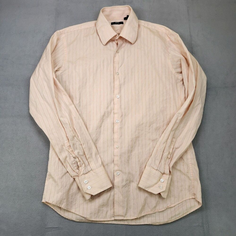 Hugo Boss Dress Shirt Men's 15.5 34/35 Orange Peach Striped Button‎ Up Cotton